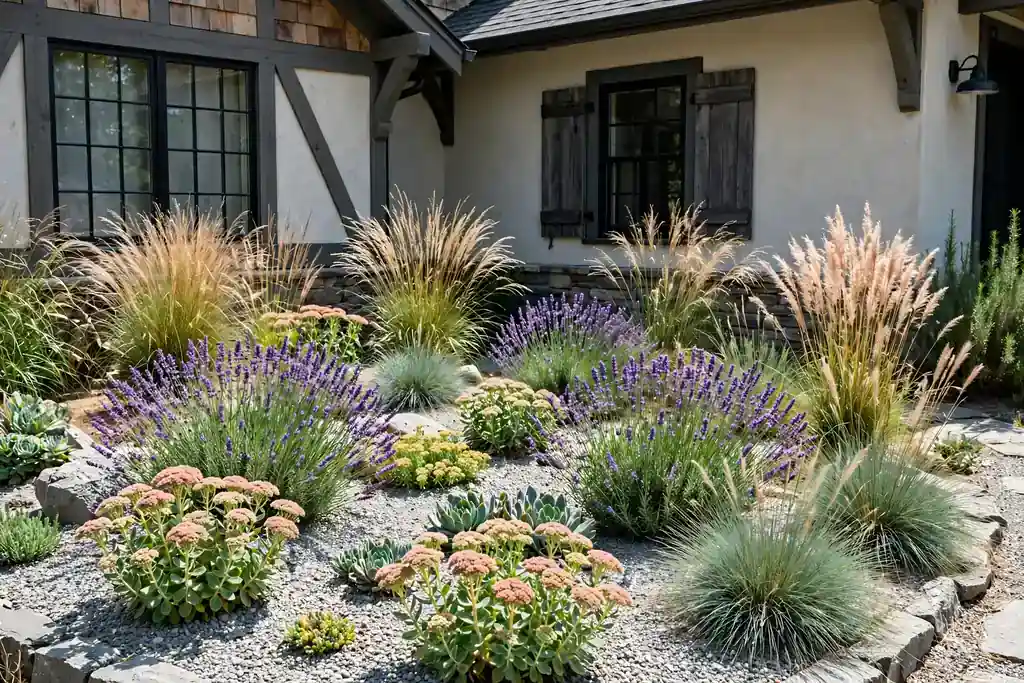 Sun loving gravel flower bed with lavender, sedums, and ornamental grasses in front of a house.