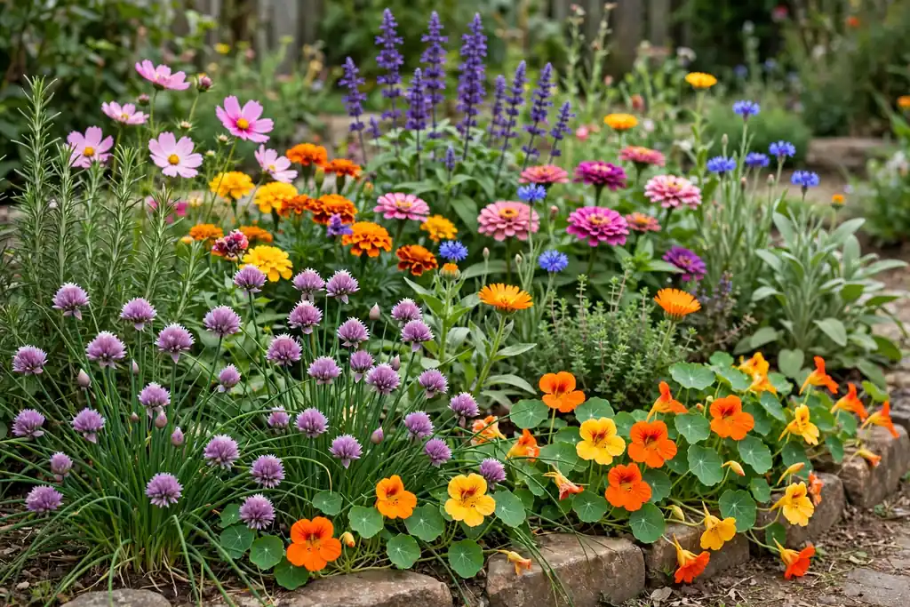 Front flower bed edged with herbs and edible flowers such as nasturtiums and chives.