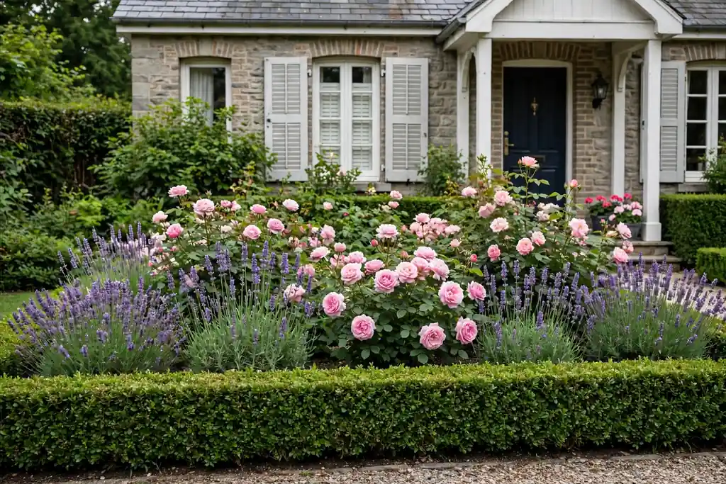 Formal front flower bed edged with low boxwood and filled with roses and lavender.
