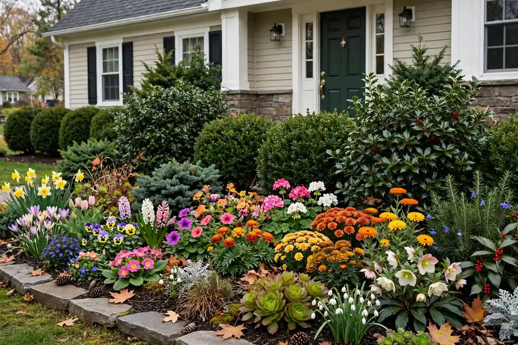 Four season front flower bed with evergreen shrubs and seasonal flowers in front of a house.