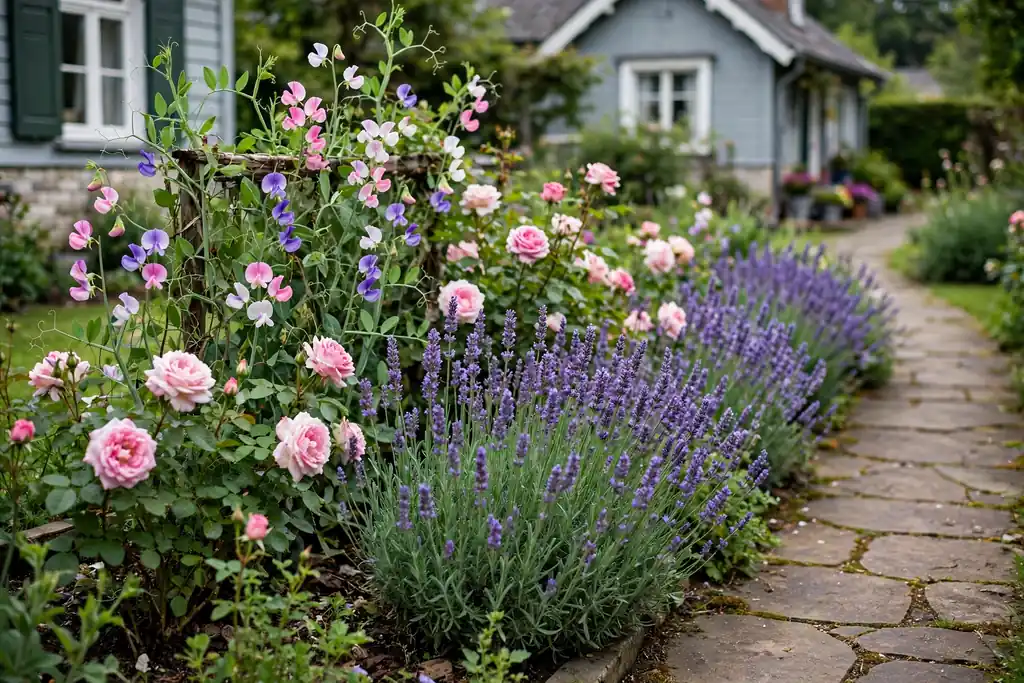 Fragrant flower bed beside a front path with lavender, roses, and sweet peas.