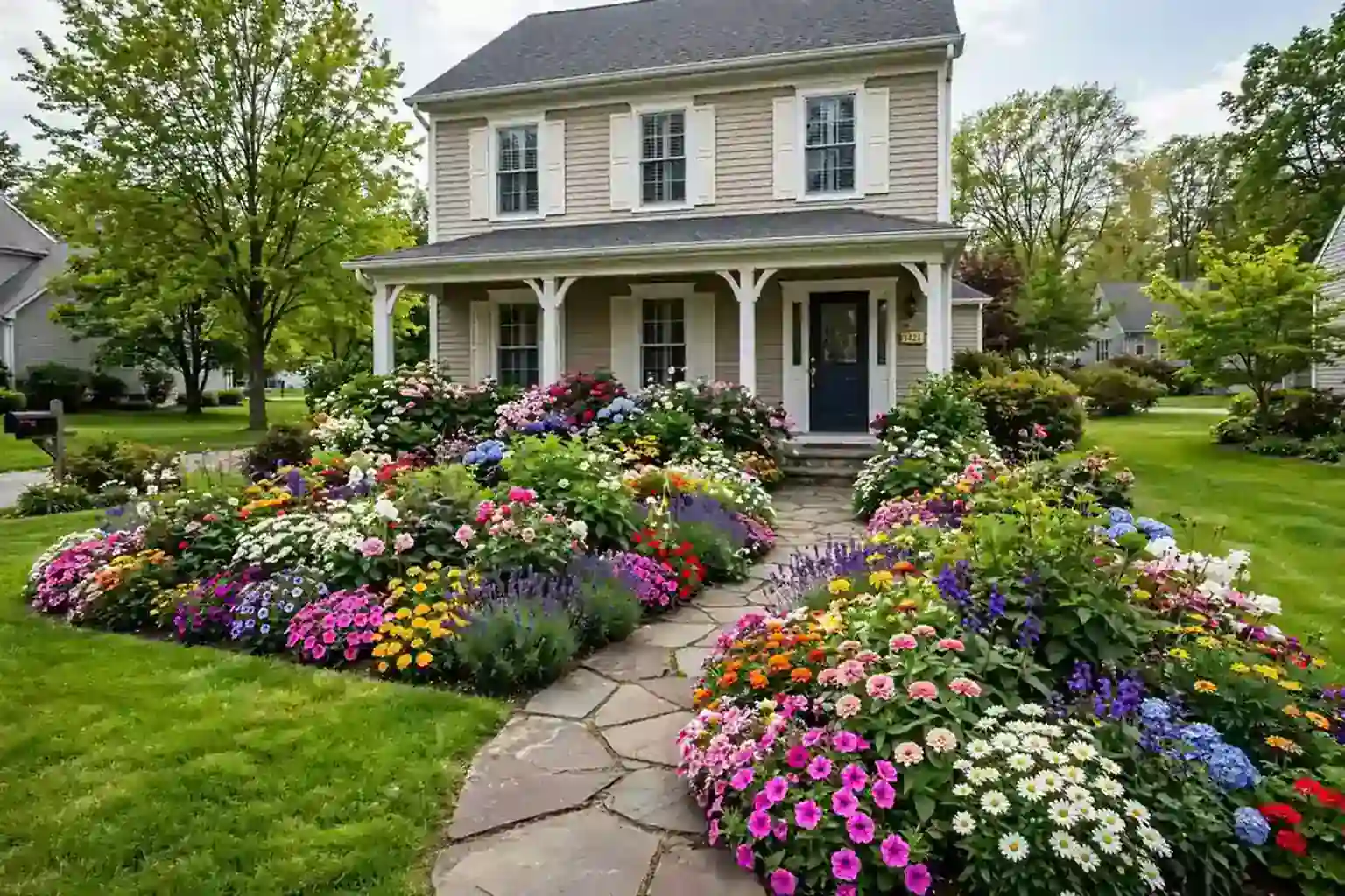 Wide front yard flower bed in full bloom in front of a house with a path to the door.