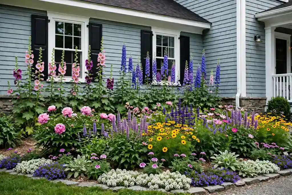 Layered flower border along the front of a house with tall flowers at the back and low plants at the front.