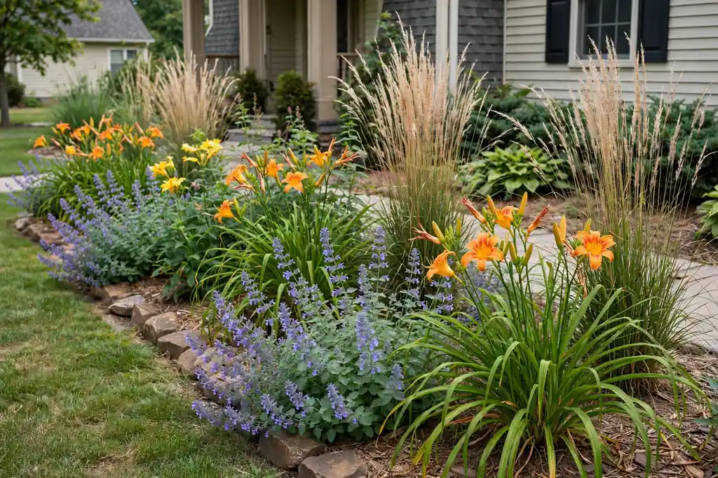 Low care perennial flower bed with daylilies, catmint, and ornamental grasses.