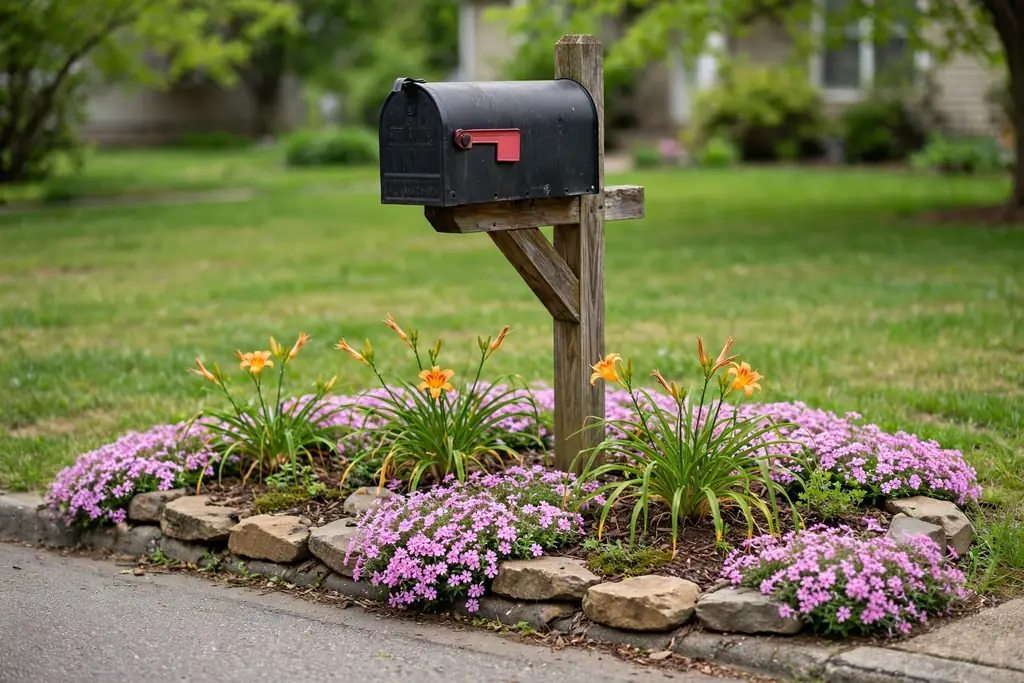 Small flower bed around a mailbox post with low daylilies and creeping phlox.