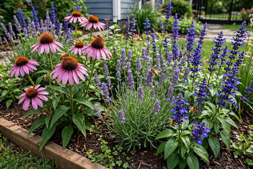 Pollinator flower bed with coneflowers, lavender, and salvia and bees visiting the blooms.