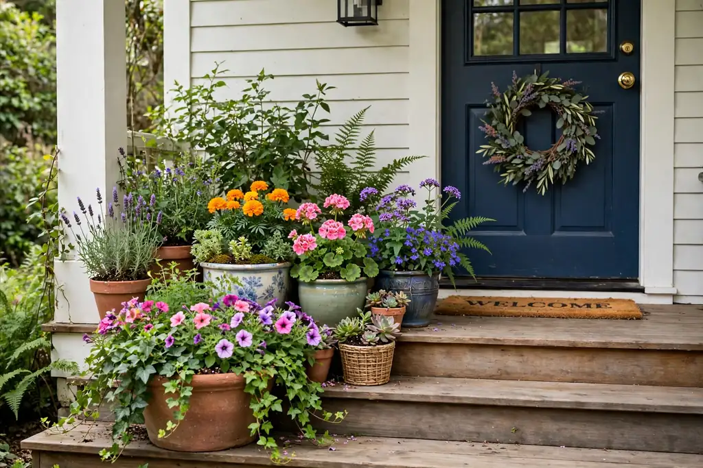 Group of flower pots in different sizes on porch steps beside a front door.