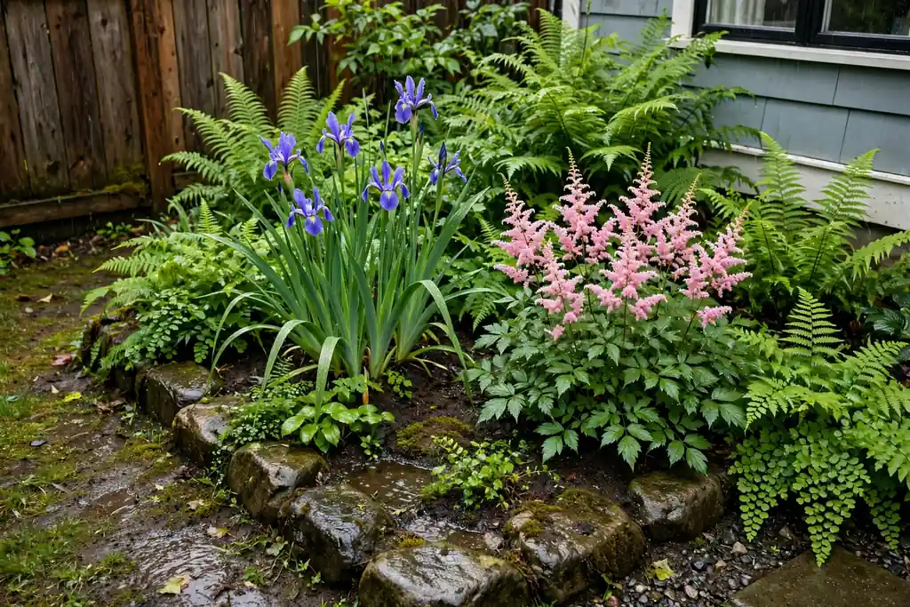 Rain garden bed in a wet front yard corner with iris, astilbe, and ferns.