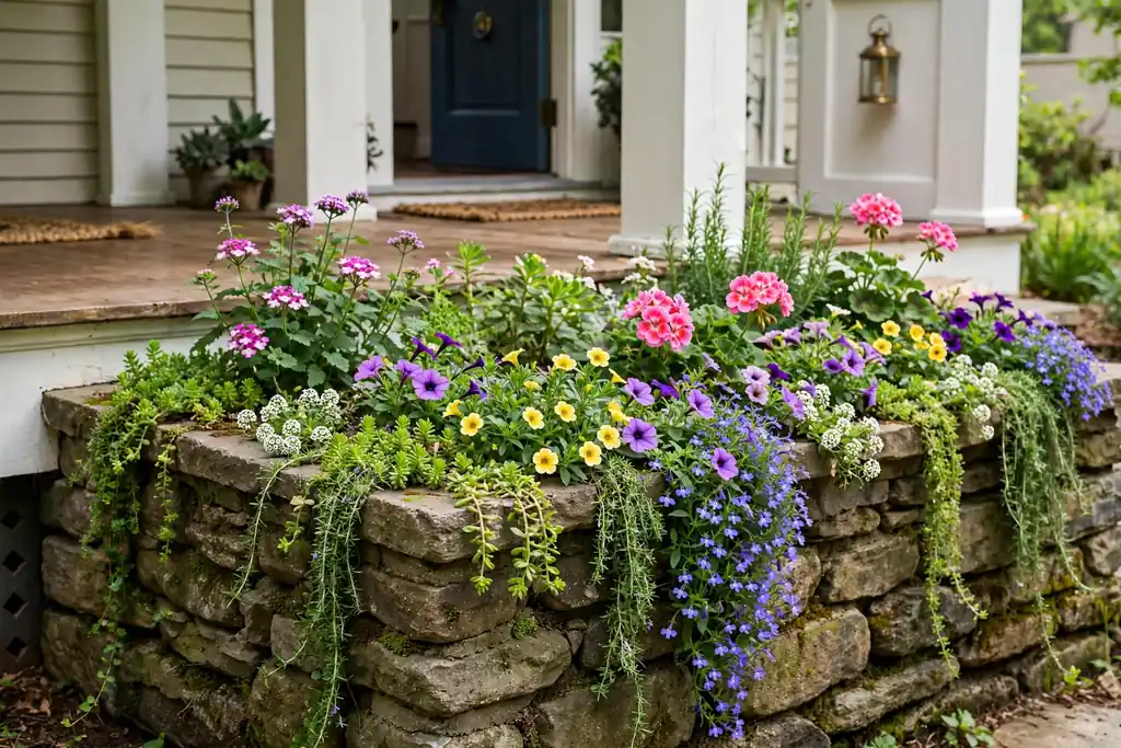 Low raised stone flower bed along a front porch with trailing plants over the stone edge.