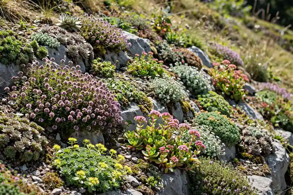 Rock garden bed on a sunny bank with alpine plants, sedums, and stones.