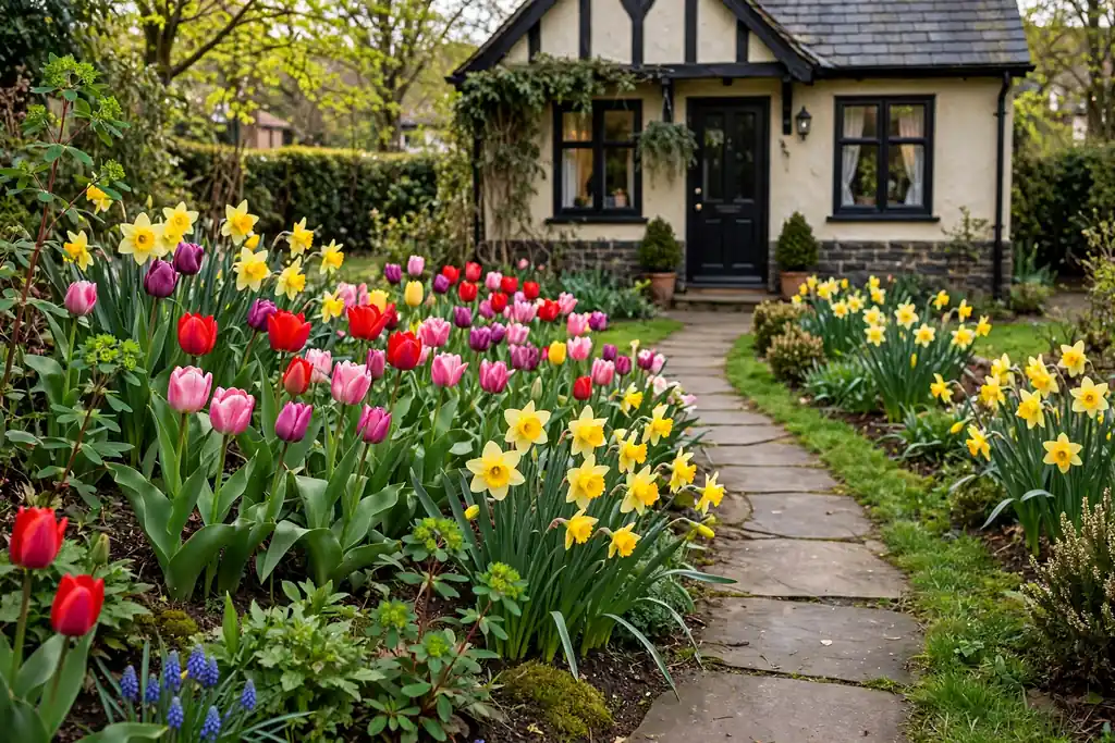 Front flower bed with spring tulips and daffodils in bloom beside the path.