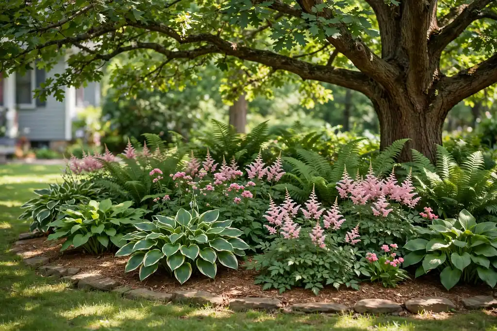 Shade flower bed under a front yard tree with hostas, ferns, and astilbe.