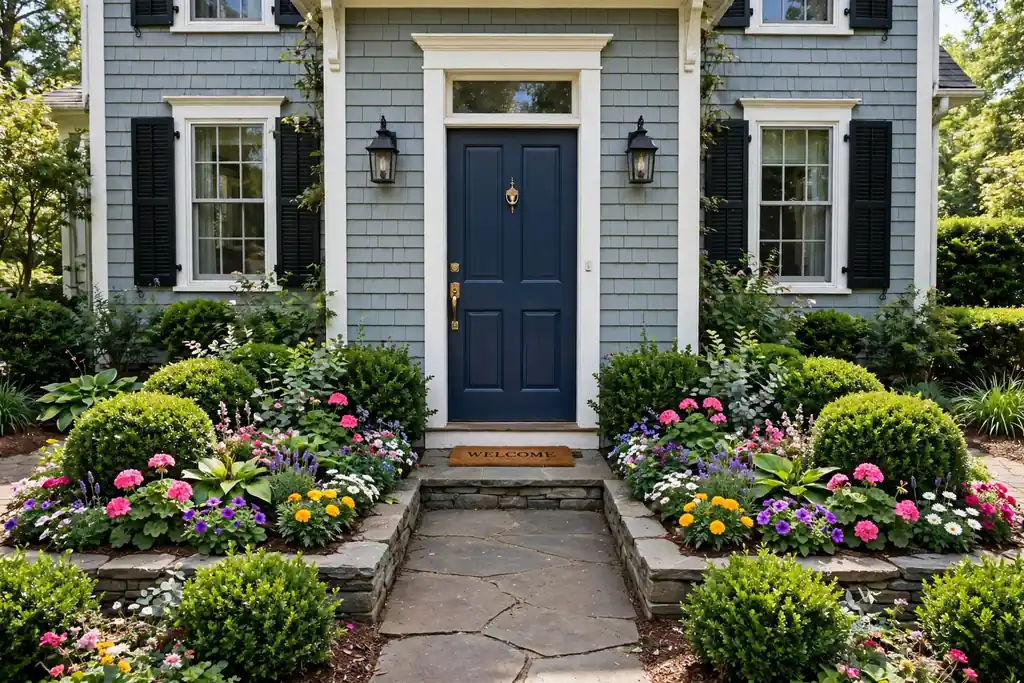 Matching flower beds on each side of a front door with shrubs and colorful flowers.