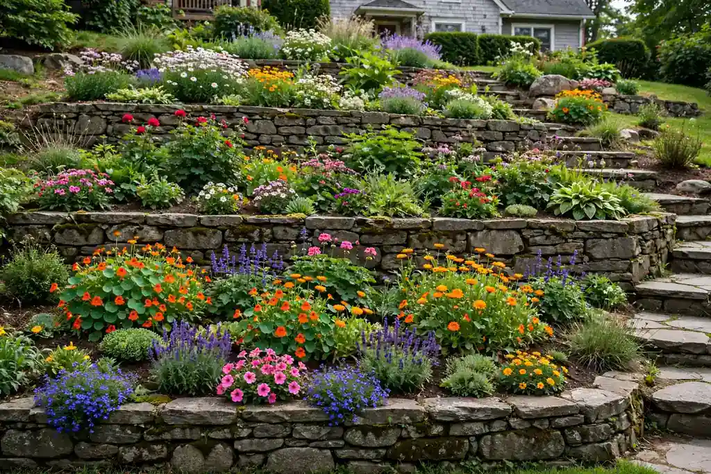 Terraced flower beds on a sloped front yard with low stone walls and layered planting.