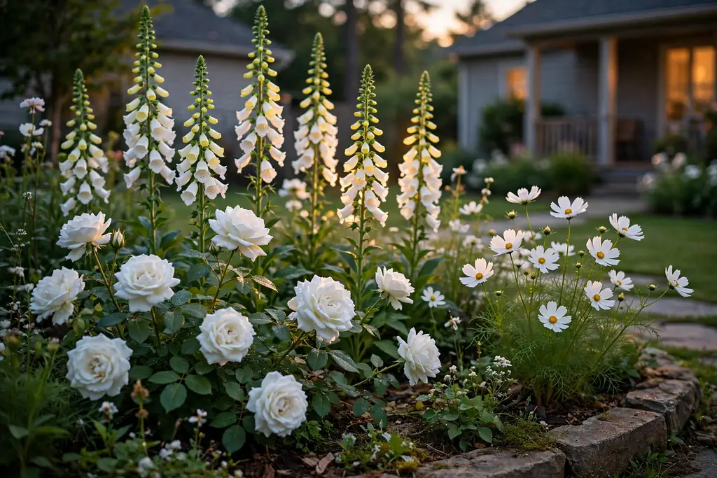 White flower bed with white roses, foxgloves, and cosmos glowing in evening light.