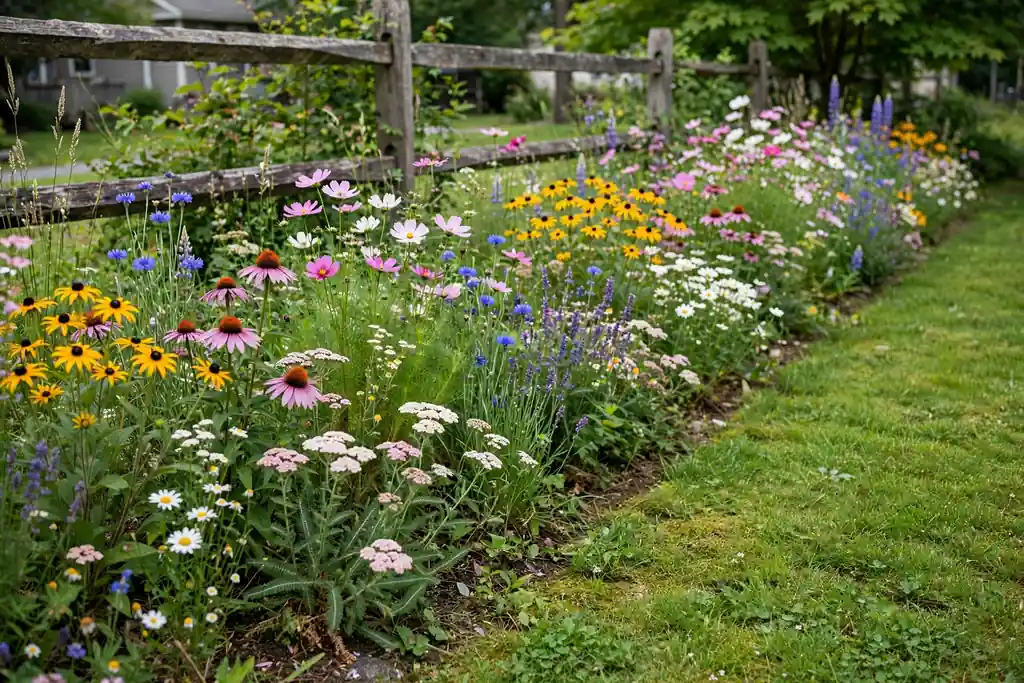Wildflower strip along the front edge of a yard with mixed summer blooms.