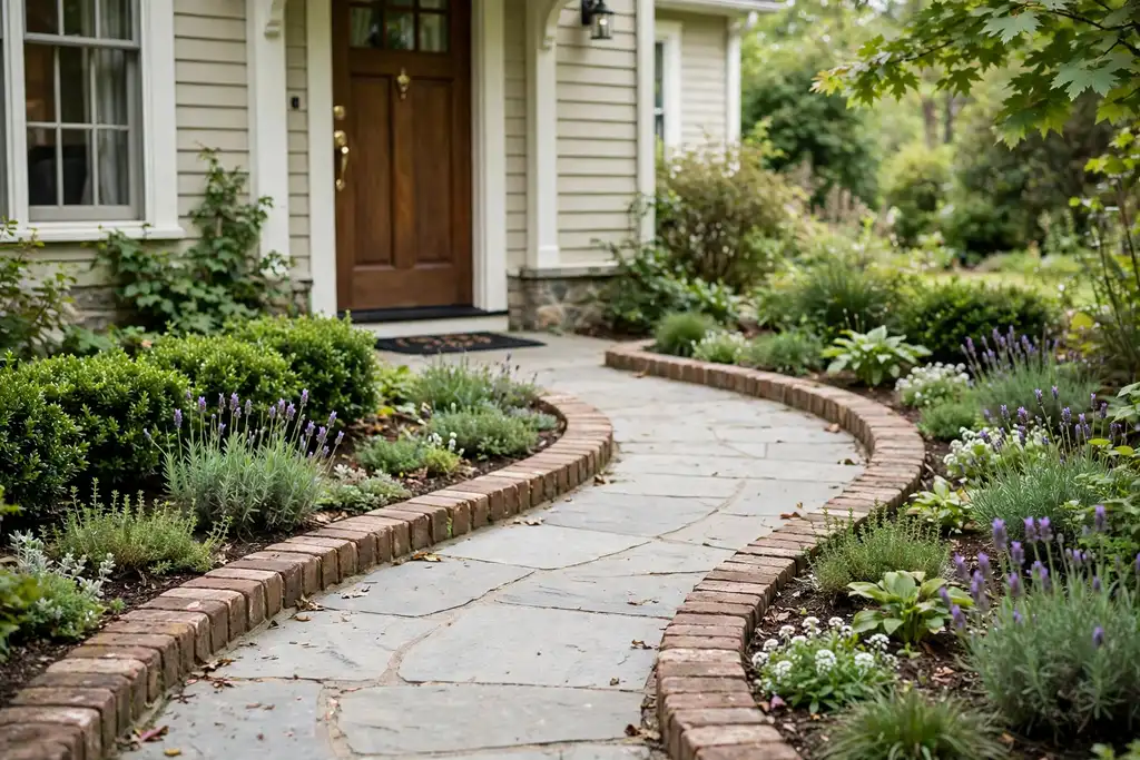 Gently curved front walkway with brick edging and low plants on both sides leading to a house door.