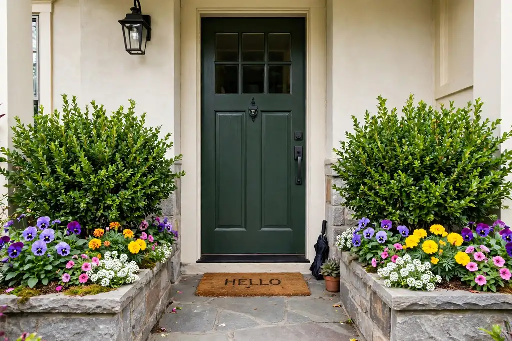 Front door framed by a pair of planters with green shrubs and seasonal flowers on a porch.