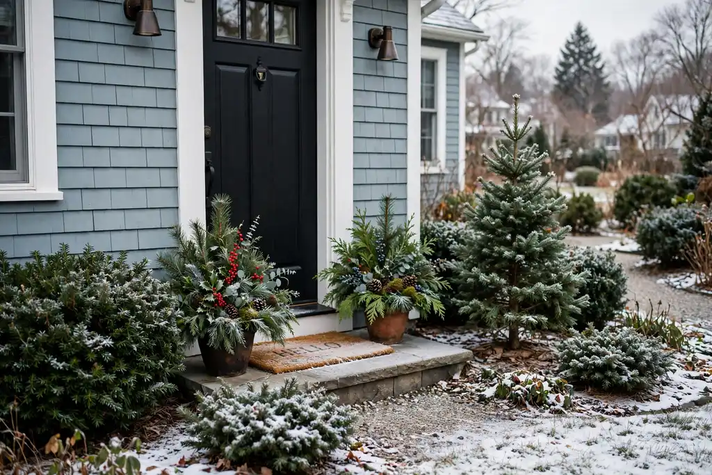 Front yard in winter with evergreen shrubs, a small conifer, and seasonal pots by the door.