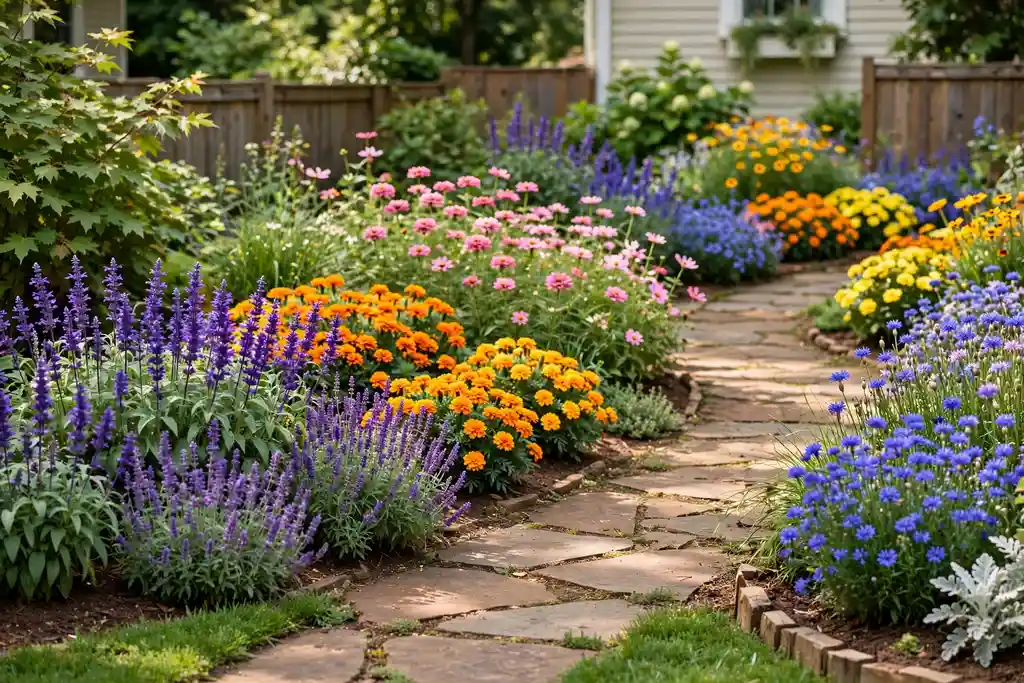 Drifts of colorful summer flowers in a front yard bed along a path, with repeated color groups.