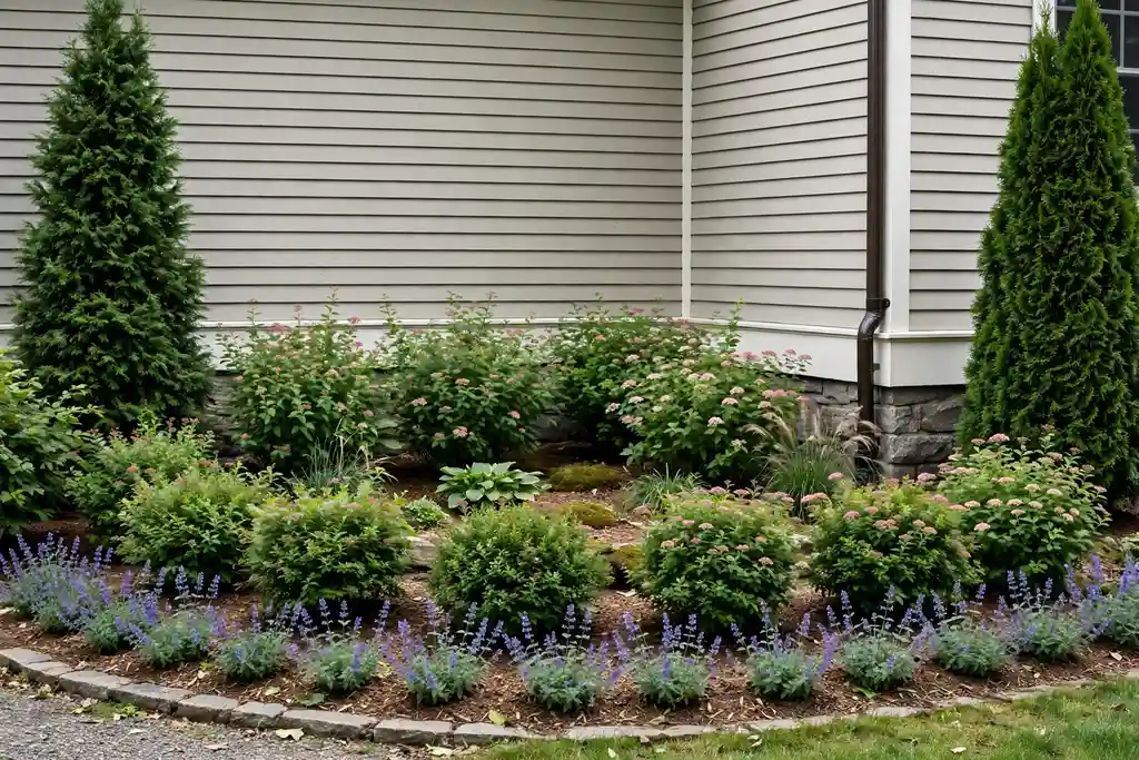 Layered foundation beds with low edging plants, mid height shrubs, and tall corner shrubs beside a house wall.