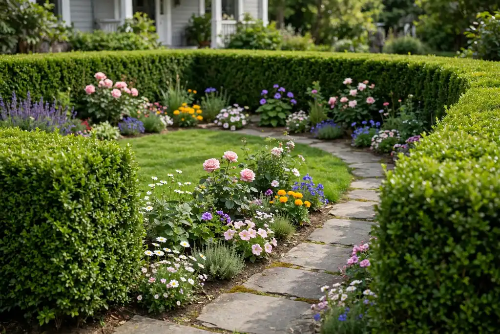 Low green hedge framing a front yard along a path, with lawn and flower beds inside the hedge line.