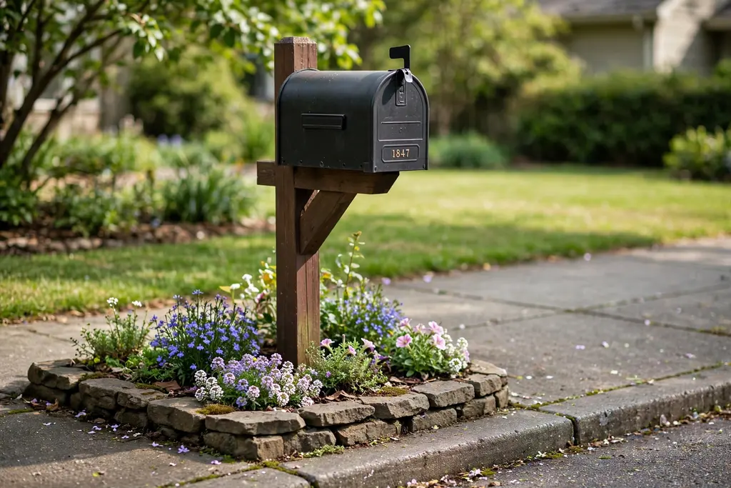 Small tidy garden bed around a mailbox post with low flowers and a stone edge beside a pavement.
