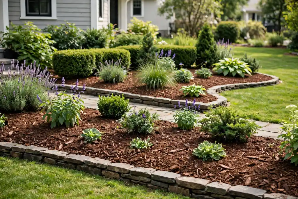 Fresh bark mulch in front yard beds with a stone path edge and tidy bed lines.