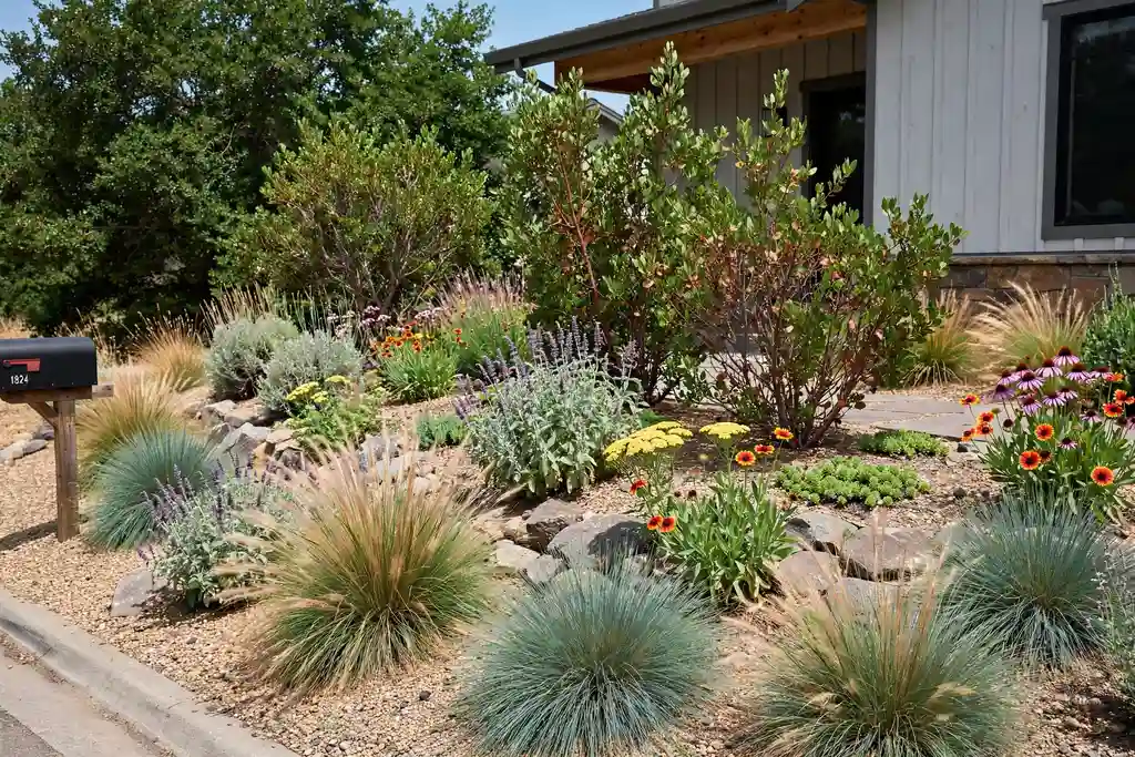 Low care front yard planted with native grasses, shrubs, and perennials suited to sun and dry soil.