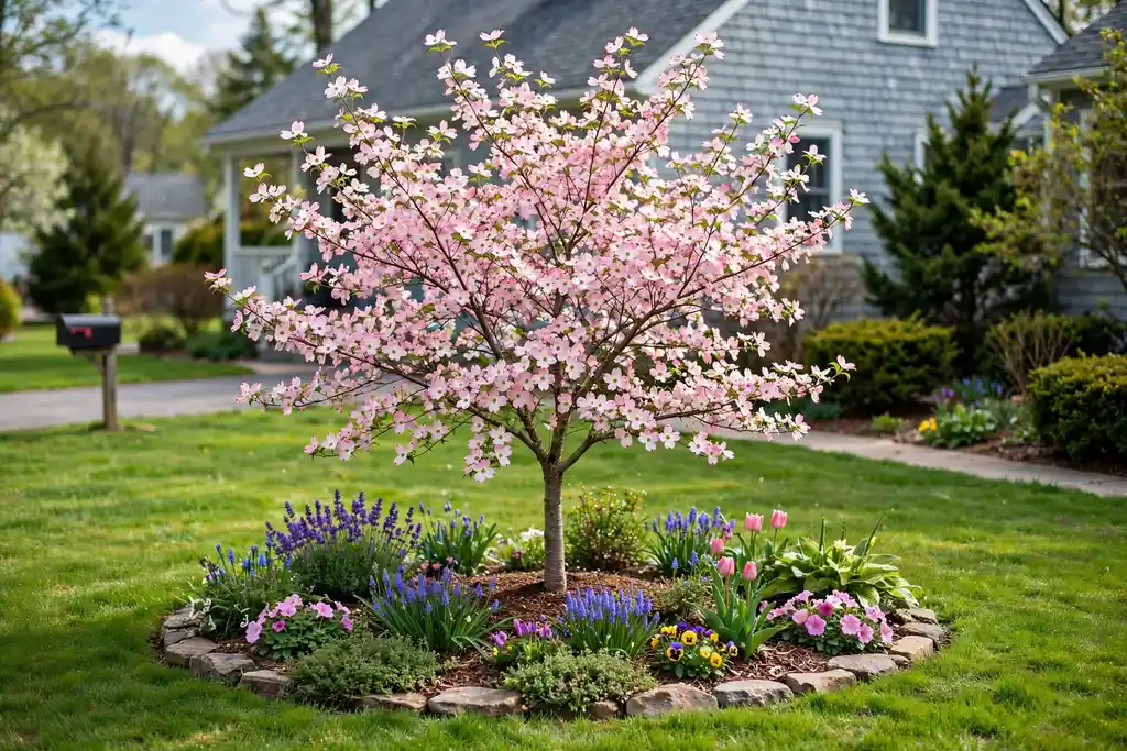 Small flowering ornamental tree as a focal point in a front yard with lawn and flower beds.