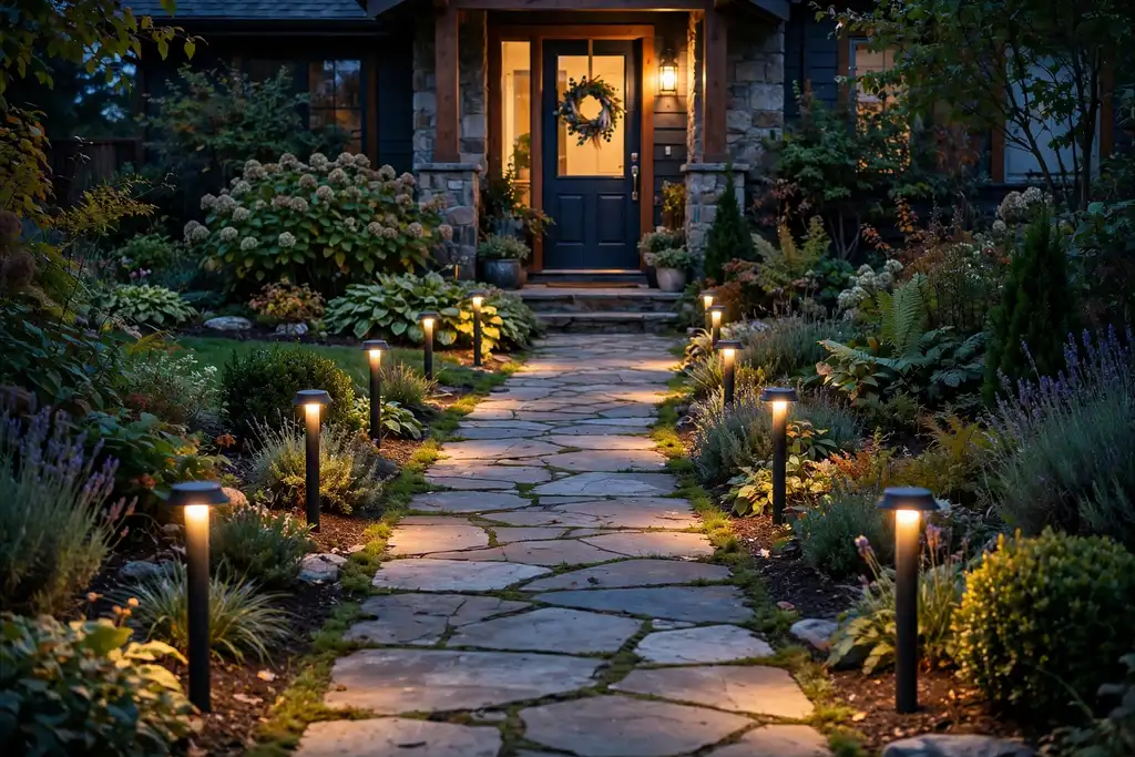 Front path lined with low warm lights leading to a lit front door at dusk.