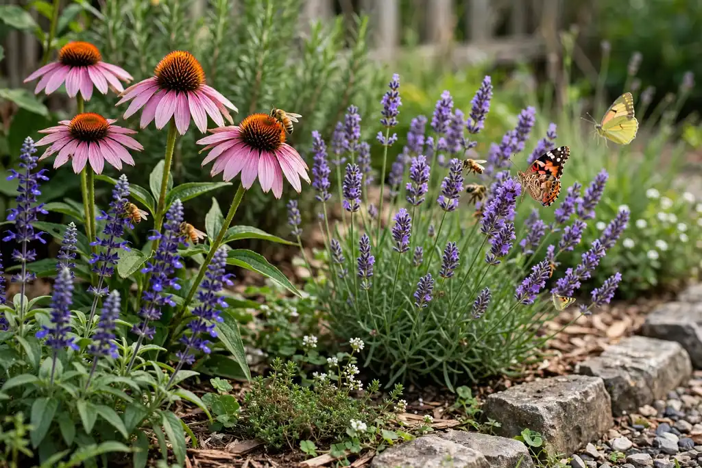 Pollinator friendly front border with coneflowers, salvias, and lavender visited by bees and butterflies.