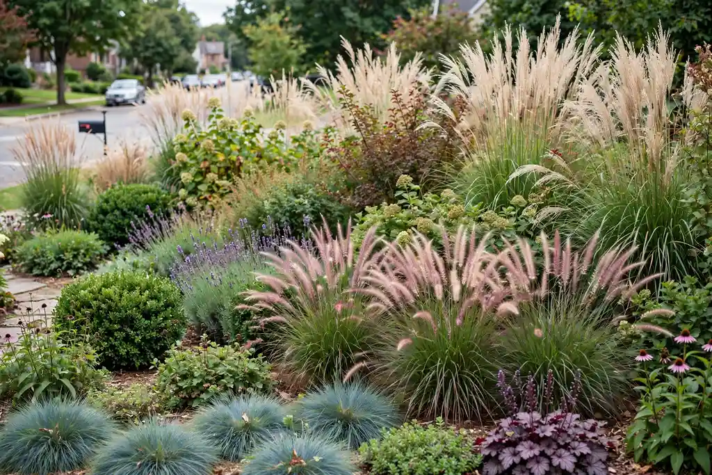 Layered shrubs and ornamental grasses screening a front yard from the street without a tall fence.
