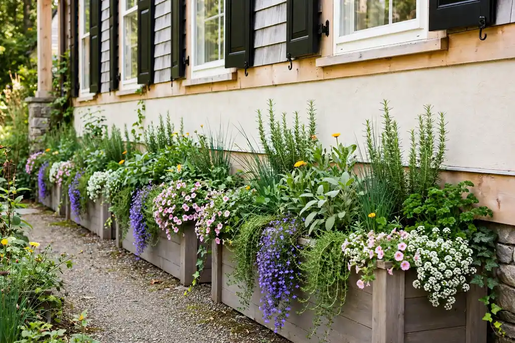 Low raised planter boxes along a house facade filled with trailing flowers and herbs.