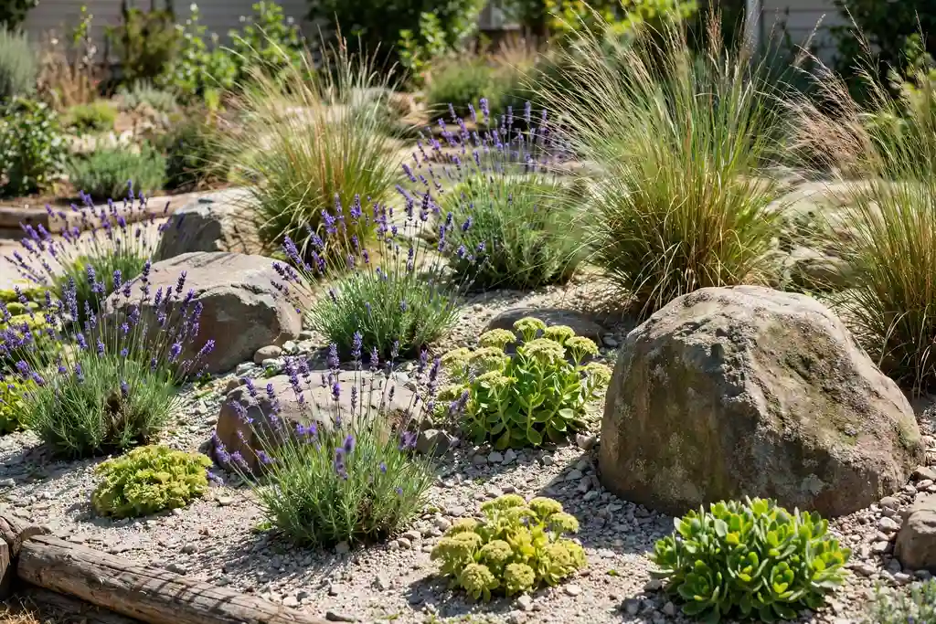 Rock and gravel front bed with lavender, sedum, ornamental grasses, and large feature stones in sun.