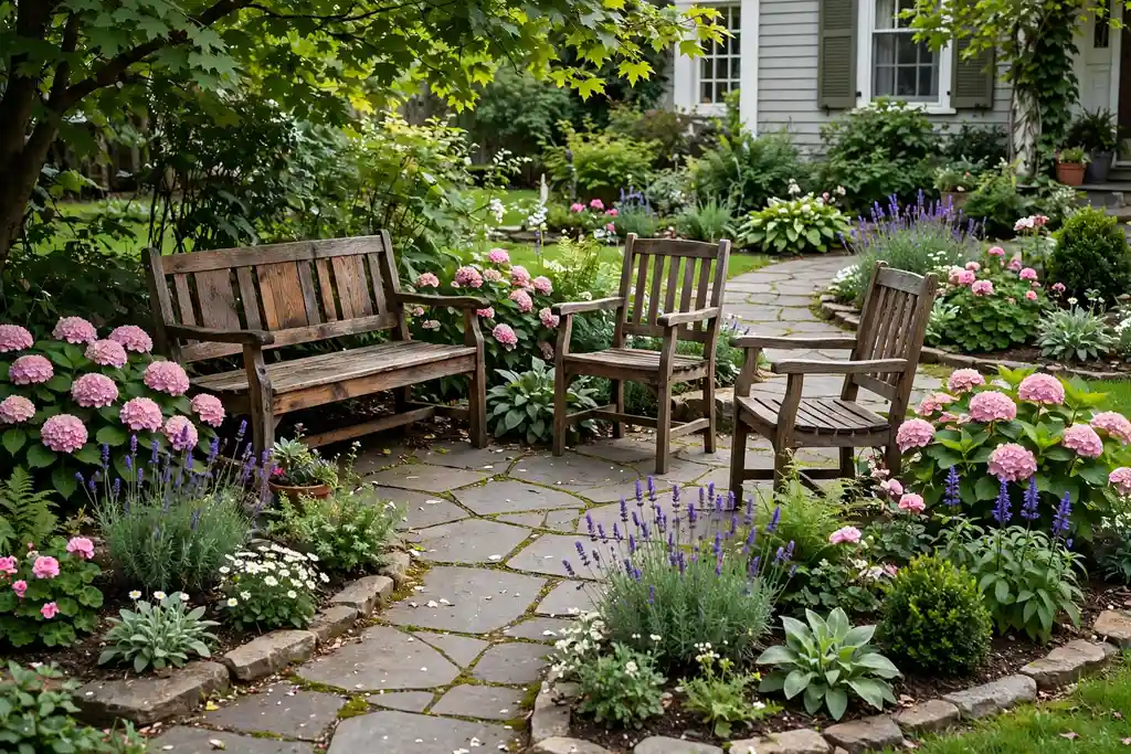 Front yard seating nook with a wooden bench, two chairs, and flower beds near a path.