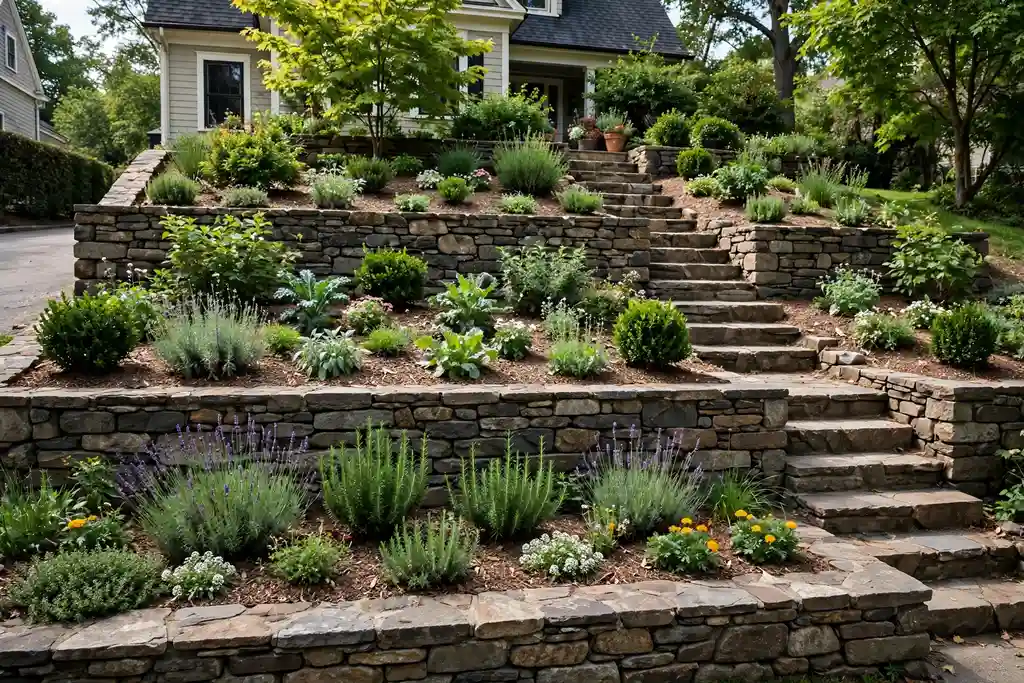 Terraced front yard slope with low stone walls, level planting beds, and steps between levels.