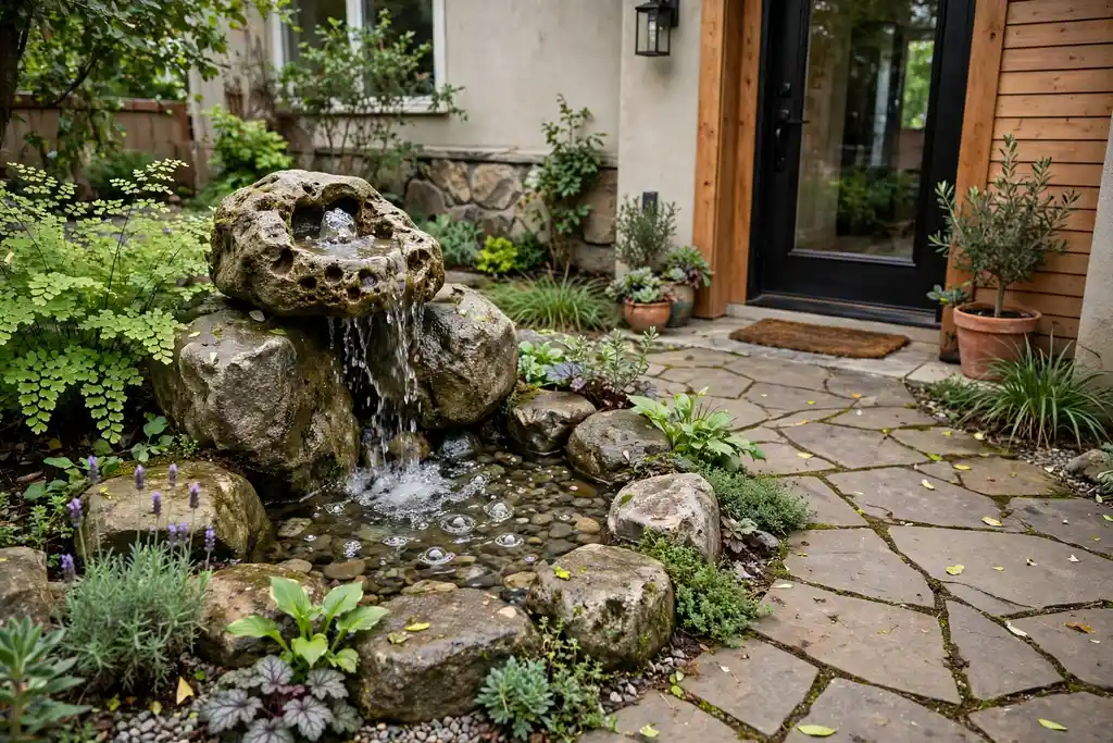 Small bubbling rock water feature near a front entry with plants and stone paving.