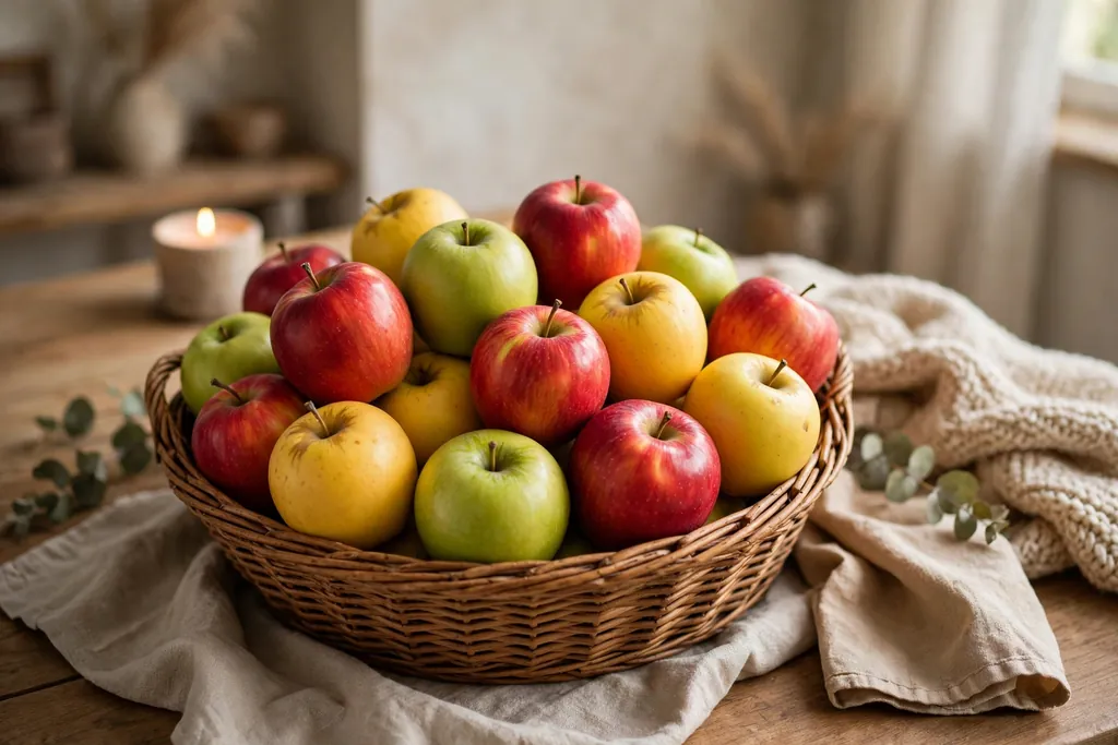 Basket filled with red, green, and golden apples only.