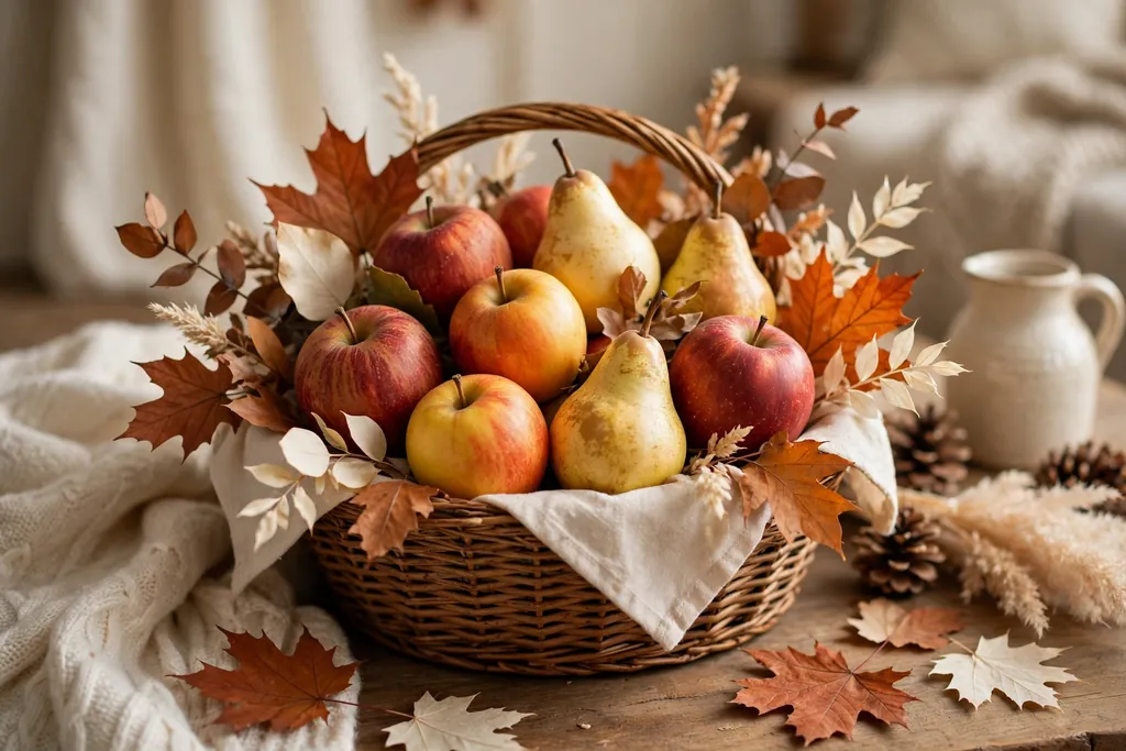 Autumn basket with apples, pears, and leaves in warm rust and cream tones.