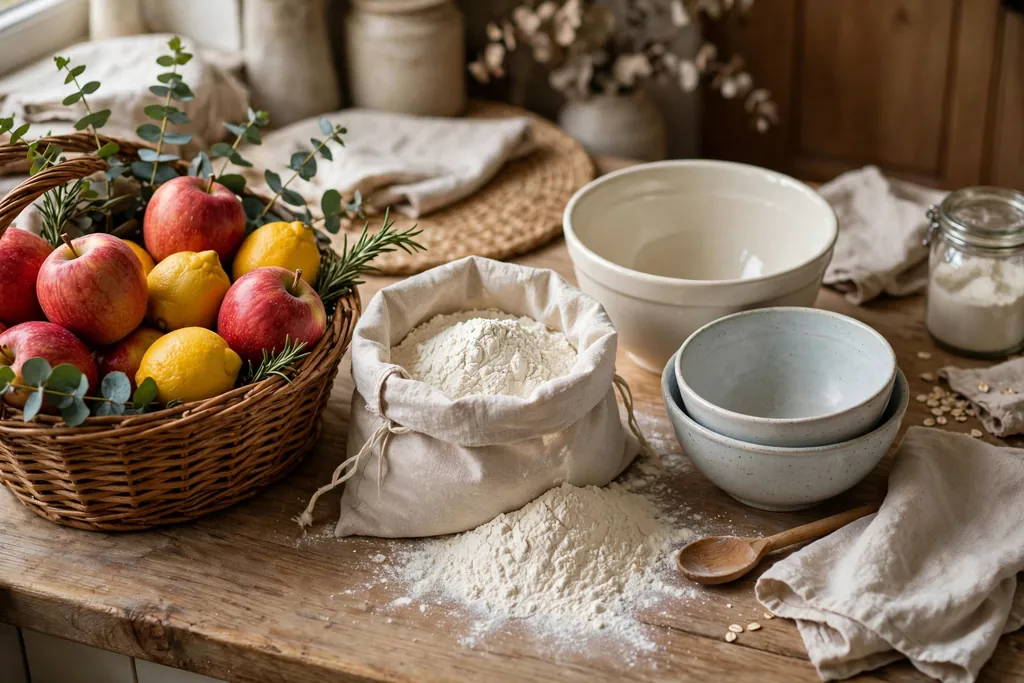 Baking station basket with apples and lemons beside flour and mixing bowls.