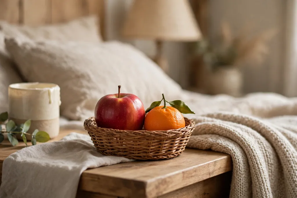 Tiny bedside basket with an apple and a clementine on a bedside table.