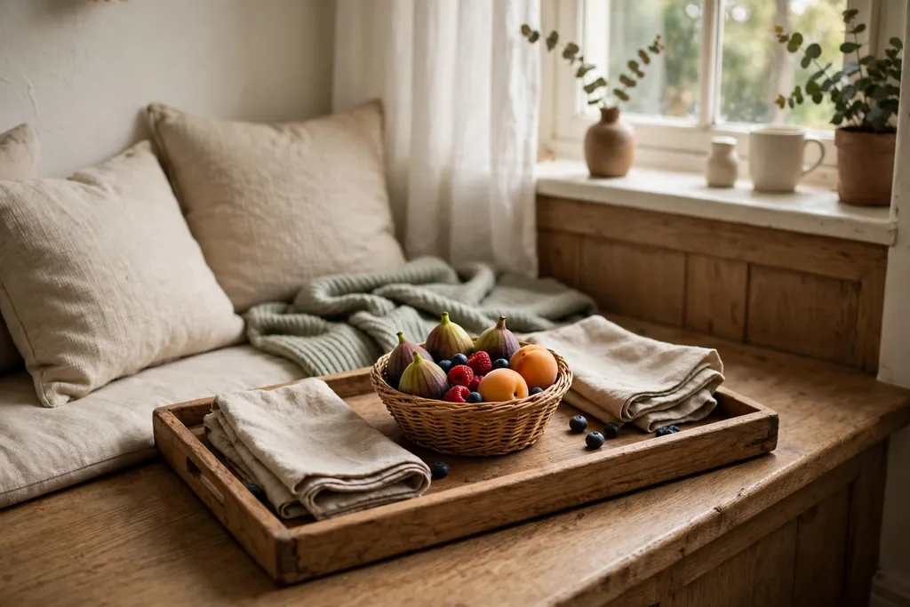 Small fruit basket on a tray with napkins in a breakfast nook.