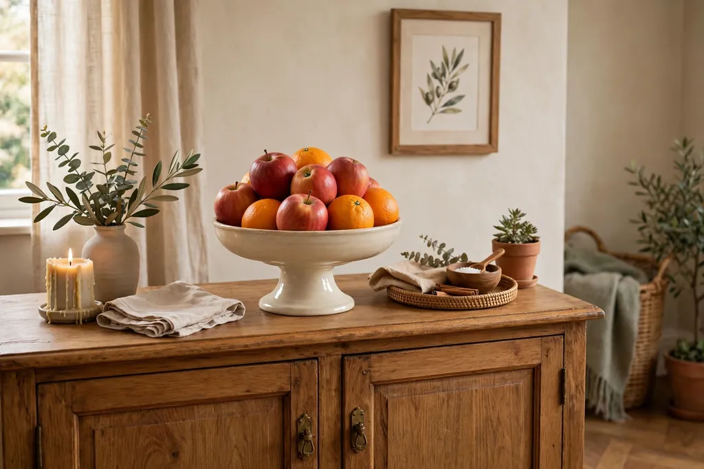 Ceramic pedestal bowl of apples and oranges on a dining room sideboard.