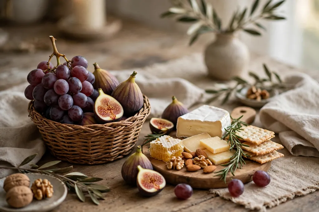 Small fruit basket with grapes and figs beside a cheese board.