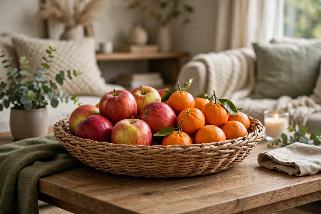 Low wide basket of apples and clementines on a living room coffee table.