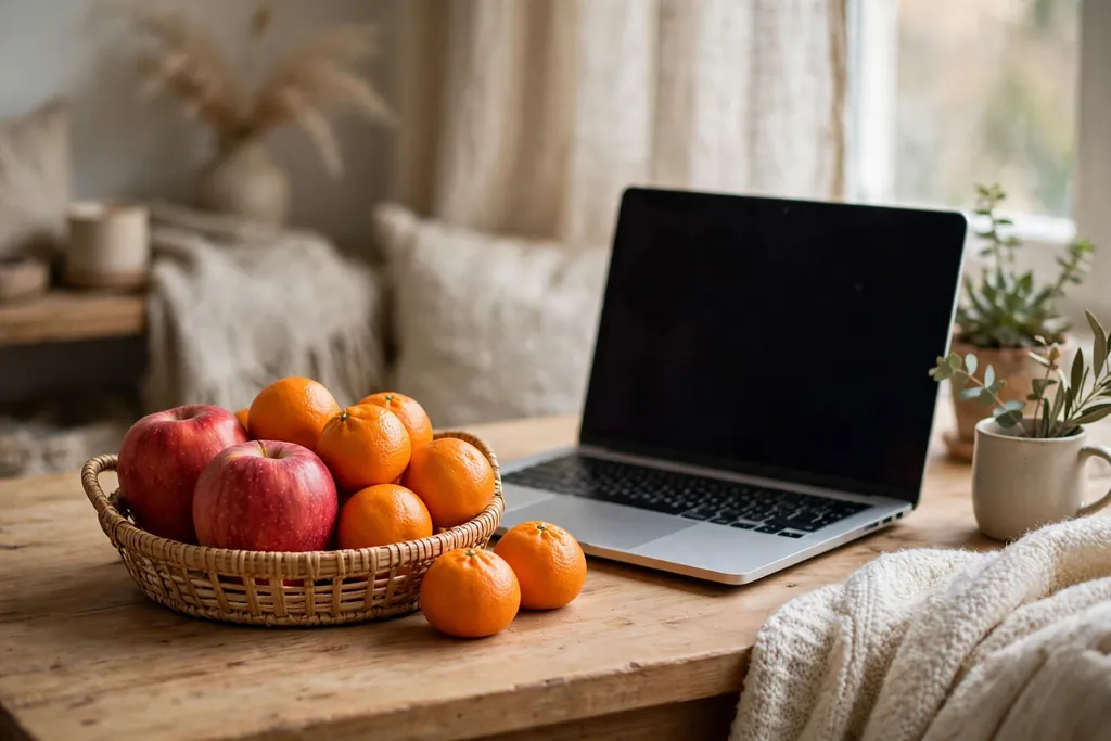 Small desk snack basket with apples and clementines beside a laptop.