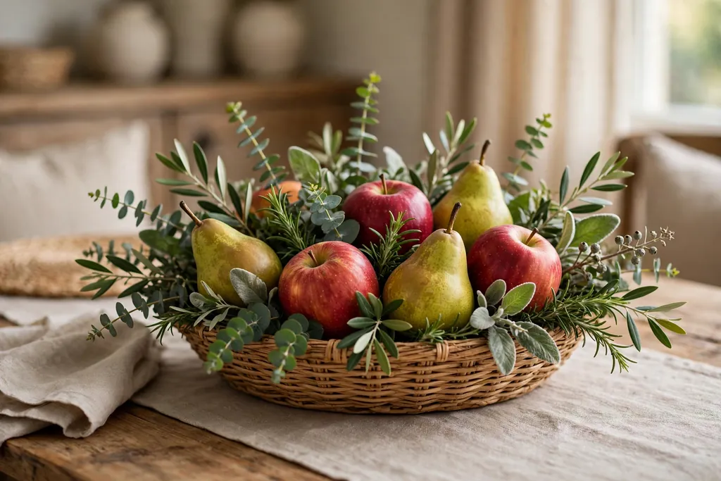 Low dining table centerpiece basket with apples, pears, and greenery sprigs.