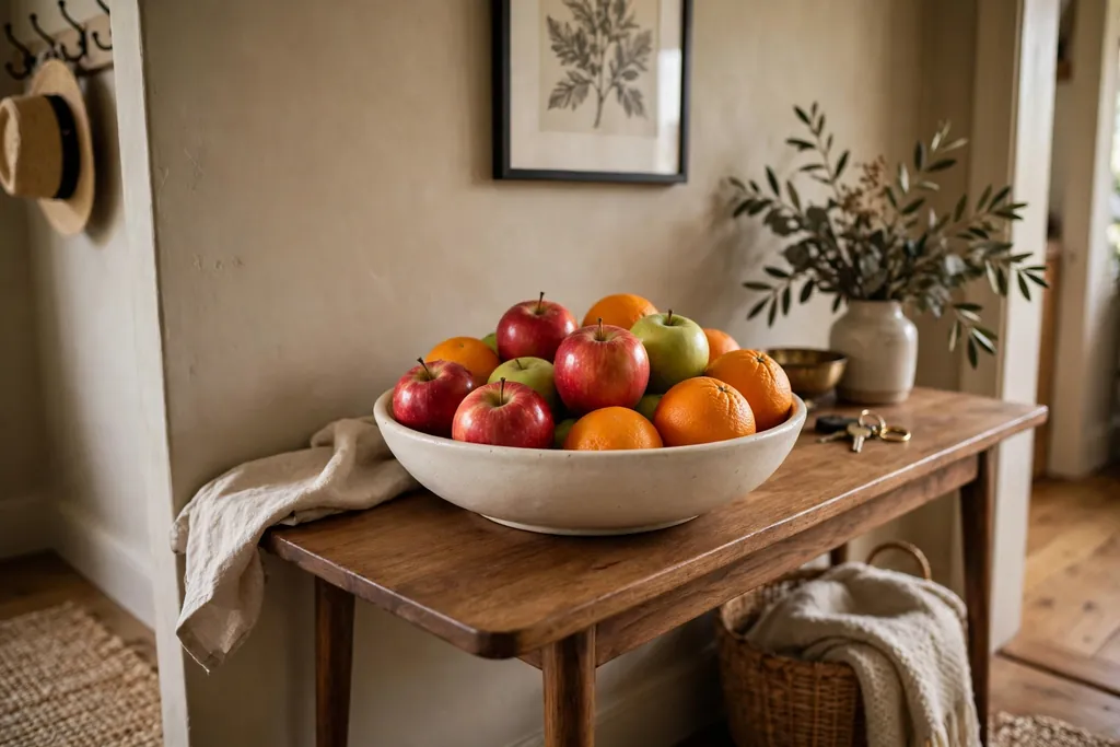 Shallow bowl of apples and oranges on an entryway console table.