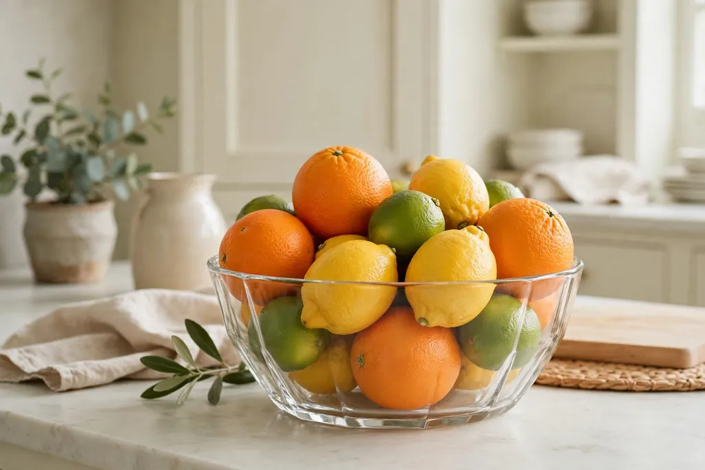Clear glass bowl filled with oranges, lemons, and limes in a pale kitchen.